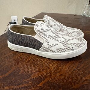 Michael Kors White and Brown Perforated MK Slip-On Sneakers